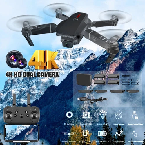Foldable quadcopter drone with dual cameras and gray controller remote.