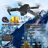 Foldable quadcopter drone with dual cameras and gray controller remote.