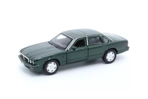 Emerald green 1/36 scale diecast Jaguar XJ6 toy car, front 3/4 view