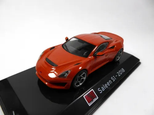 Orange Saleen S1 2018 die-cast model car on black display base