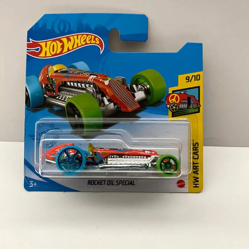 Hot Wheels Rocket Oil Special diecast race car in blue blister card, 9/10