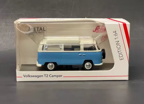 1:64 Volkswagen T2 camper diecast model car in blue and white, in retail box