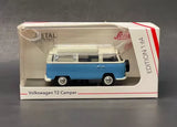 1:64 Volkswagen T2 camper diecast model car in blue and white, in retail box