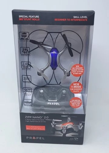 High-performance nano 2.0 drone in blue shown on retail box packaging
