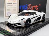 FrontiArt resin diecast model car, white sports coupe with black accents on base