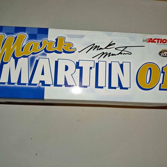 Diecast collectible car packaging panel with Mark Martin name and autograph