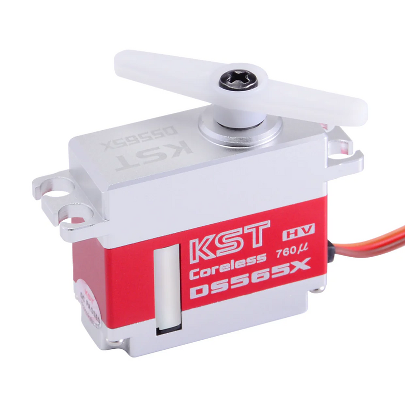 KST DS565X HV coreless digital servo, red and silver metal case with wiring