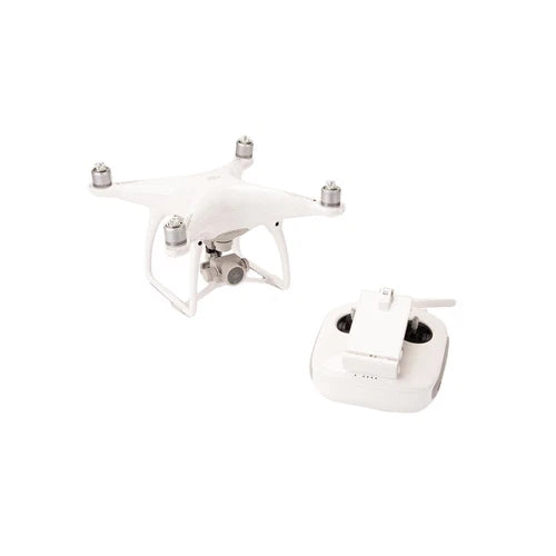 White quadcopter drone with controller, four propellers and camera gimbal