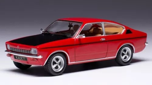 Red diecast coupe model car with chrome wheels, front three-quarter view