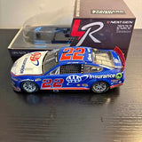 Blue #22 1:24 race car diecast with sponsor decals and black wheels