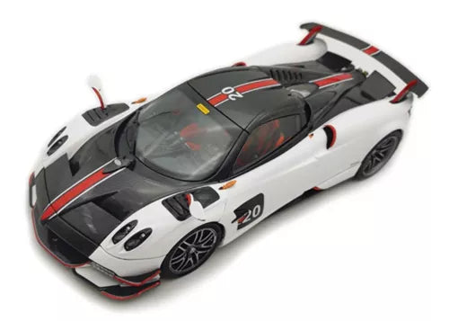 White and black Pagani Huayra BC roadster diecast model with red accents