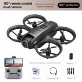 Compact foldable drone with four rotors and obstacle-avoidance sensors, dark gray.
