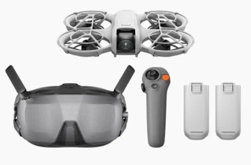 Foldable quadcopter drone with goggles, motion controller, and two spare batteries