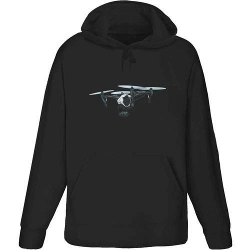 Black adult hoodie with front drone graphic and drawstring hood