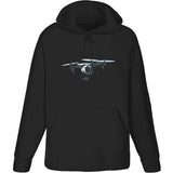 Black adult hoodie with front drone graphic and drawstring hood