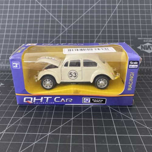 Cream VW Beetle diecast toy car in retail box with QHT Car logo and Racing text