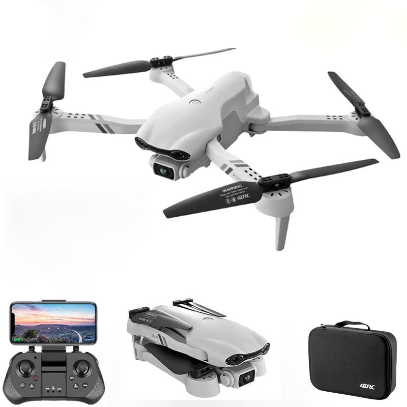 White quadcopter drone with front camera, plus remote controller, phone screen and case