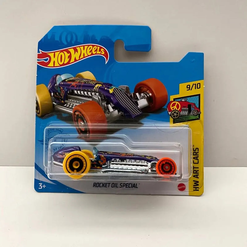 Hot Wheels Rocket Oil Special die-cast race car on blue short card