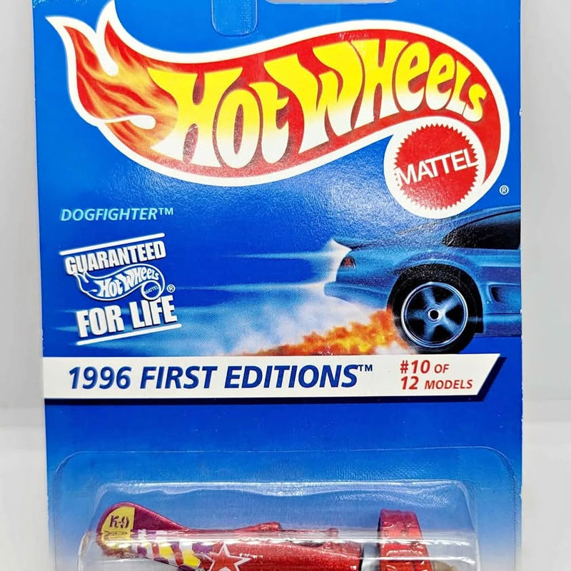 Hot Wheels Dogfighter 1996 First Editions diecast toy plane in blister, red and white