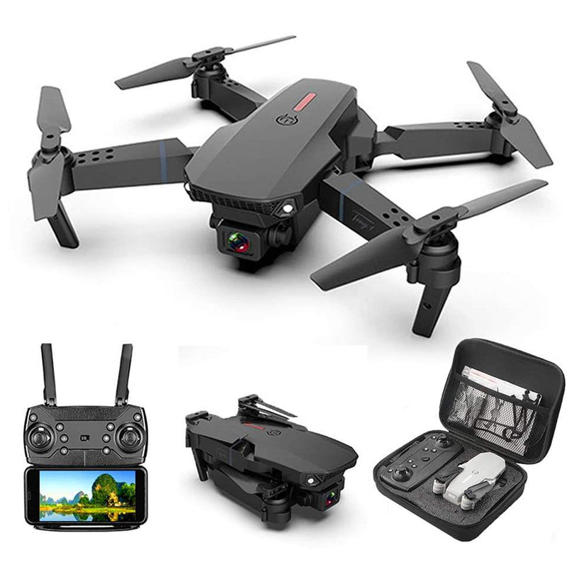 Foldable quadcopter drone with 4K camera, remote controller, and carrying case