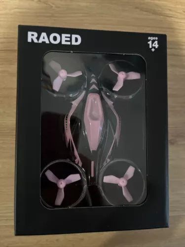 RAOED kids drone retail box showing 4-propeller quadcopter