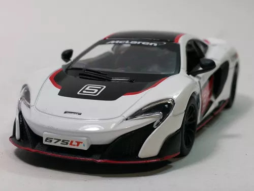 White diecast model car with red and black racing stripes, front 3/4 view