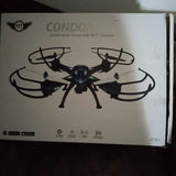 Quadcopter drone with four propellers shown on product box