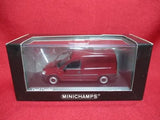 Red diecast van model in display box, Minichamps logo on packaging