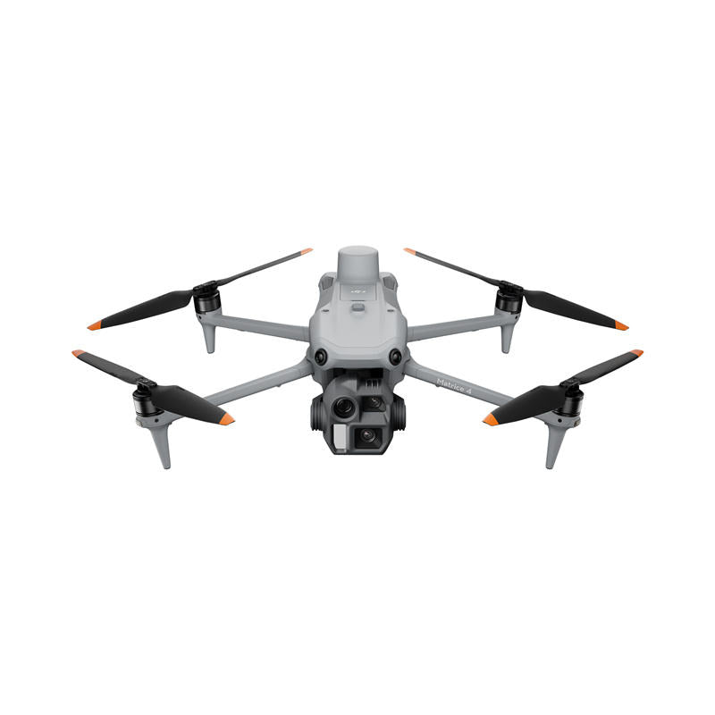 Gray quadcopter camera drone with four propellers and front gimbal camera