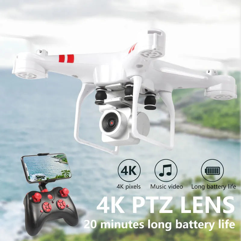 White quadcopter drone with forward camera, four propellers, and protective body frame
