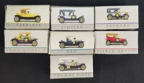 Mini diecast car model set, boxed with visible car name labels