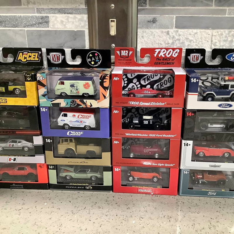 Boxed diecast race car assortment, 16 scale 1:64 vehicles in colorful M2 packages