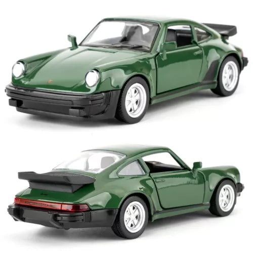 Green alloy diecast pull-back toy car, Porsche style, front and rear views
