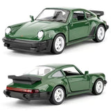 Green alloy diecast pull-back toy car, Porsche style, front and rear views