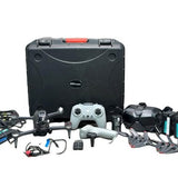 FPV drone kit with black hard case, controller, goggles, and small quadcopter