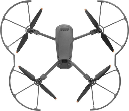 Drone propeller guard with four propellers and gray protective frame