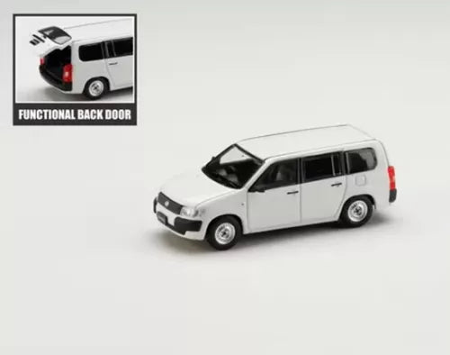 White diecast Toyota PROBOX wagon model car, side view with open rear door