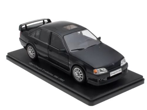 Dark gray 1991 Opel Omega diecast model car on display base, front 3/4 view.