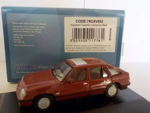 Red Vauxhall Cavalier diecast model car, Oxford 1/76 scale, side view
