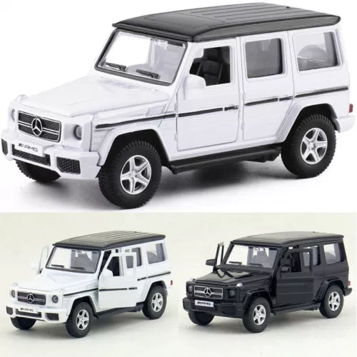 Diecast 1:36 G63 AMG SUV toy model, white and black body, rolling wheels.