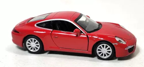 Red 1:36 diecast sports car toy with black racing stripe and silver wheels