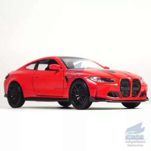 Red alloy diecast model car, front three-quarter view with black wheels.