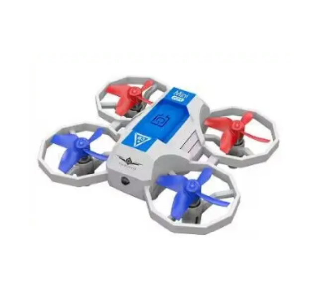 Mini quadcopter drone with blue body, red propellers, and four folding arms