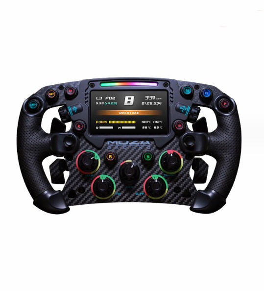 Carbon fiber steering wheel with rubber grips, multi-button panel and digital display.