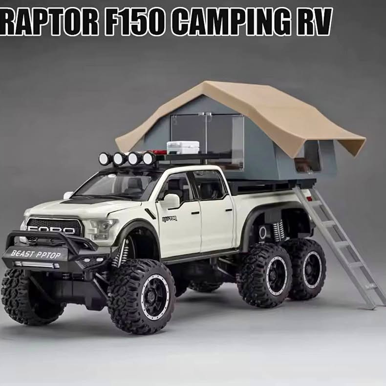 1:24 scale white off-road pickup truck diecast with camping RV trailer and ladder