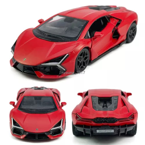 Red diecast Lamborghini Revuelto model car toy with black hood vents and front lights