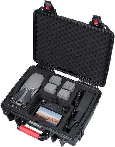 Black hard-shell drone carrying case with open lid and foam inserts for accessories