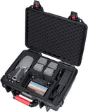 Black hard-shell drone carrying case with open lid and foam inserts for accessories