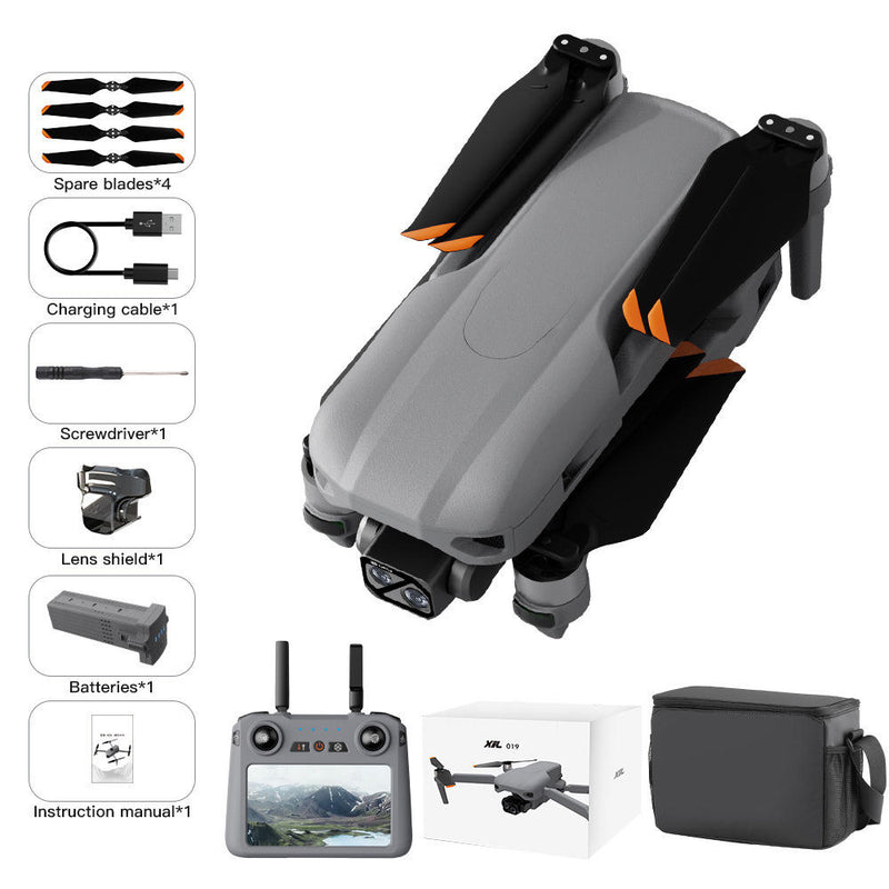 Foldable gray RC drone with dual antennas and touch controller, spare blades shown