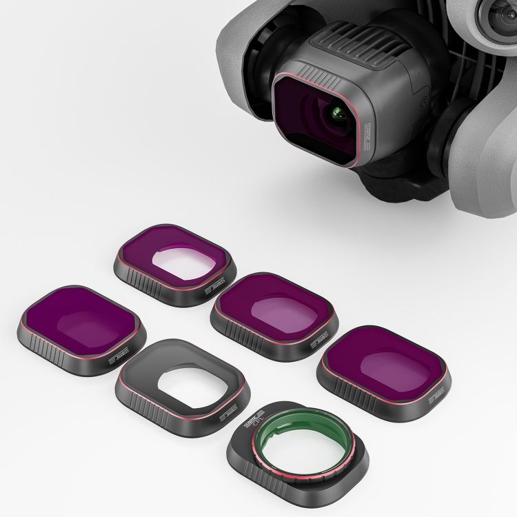 Drone lens filter set with purple glass and black metal frames, including front mount